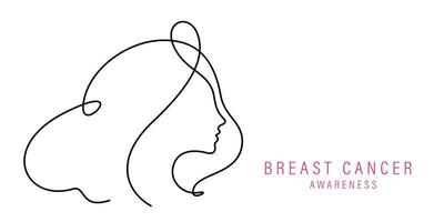 bannière de sensibilisation au cancer du sein avec ligne continue de ruban de visage de femme vecteur