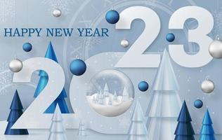 bonne année 2023, motif festif avec concept de boules de noël et de flocons de neige sur fond de couleur