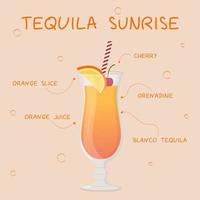 recette de boisson alcoolisée, cocktail et boissons. Tequila Sunrise. conception de menus. guide barman. illustration vectorielle plane vecteur