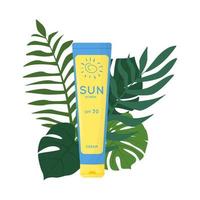 produit de soin de la peau au sol de feuilles tropicales. protection solaire, crème de protection uv. tube de produit solaire avec spf. cosmétique d'été. illustration de vecteur plat isolé sur fond blanc.