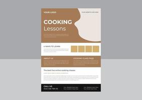 modèle de mise en page pour le dépliant des cours de cuisine, jeune chef femme tenant un élément de cuisine et montrant un geste délicieux, conception du dépliant du cours de cuisine. conception de dépliant d'affiche de cours de cuisine en ligne. vecteur