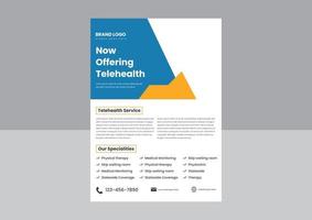 conception d'affiche de dépliant de services de télémédecine de télésanté. service de télésanté à partir de la conception de dépliants à domicile. dépliant disponible sur le service de télémédecine. vecteur