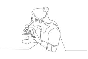 simple ligne continue dessinant une jeune femme voyant à travers un microscope dans un laboratoire scientifique. concept de matières à l'école et à l'université. illustration vectorielle graphique de conception de dessin en ligne continue. vecteur