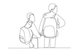 une ligne continue dessinant deux meilleurs amis qui étudient avec un sac sur le dos pour aller en salle de classe. concept de retour à l'école. illustration graphique vectorielle de dessin à une seule ligne. vecteur