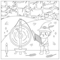 coloriage avec rumpelstiltskin. conte de fées classique pour les enfants. personnages kawaii mignons. vieux rouet vintage avec du blé. illustration vectorielle pour cahier de coloriage. vecteur