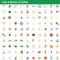 Ensemble de 100 icônes asiatiques, style cartoon vecteur