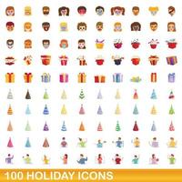 Ensemble de 100 icônes de vacances, style cartoon vecteur