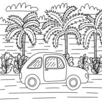 jolie page de coloriage d'été avec illustration vectorielle de voiture à la mode mer et palmiers. page de coloriage de plage d'été dessinée à la main pour enfants et adultes vecteur