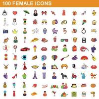 Ensemble de 100 icônes féminines, style cartoon vecteur