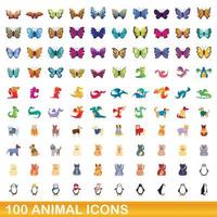 Ensemble de 100 icônes d'animaux, style dessin animé