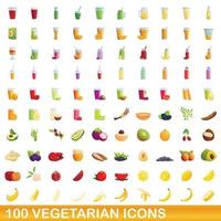 Ensemble de 100 icônes végétariennes, style dessin animé vecteur