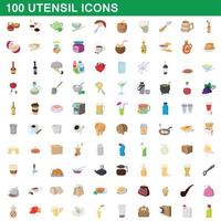 Ensemble de 100 icônes d'ustensiles, style dessin animé vecteur