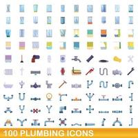 Ensemble de 100 icônes de plomberie, style cartoon vecteur