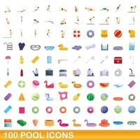 Ensemble de 100 icônes de piscine, style cartoon vecteur