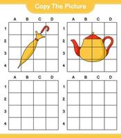 copiez l'image, copiez l'image de la théière et du parapluie en utilisant les lignes de la grille. jeu éducatif pour enfants, feuille de calcul imprimable, illustration vectorielle vecteur