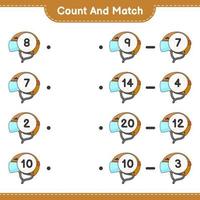 compter et faire correspondre, compter le nombre de casques de hockey et faire correspondre les bons numéros. jeu éducatif pour enfants, feuille de calcul imprimable, illustration vectorielle vecteur