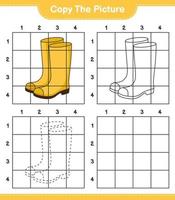 copiez l'image, copiez l'image de bottes en caoutchouc à l'aide de lignes de quadrillage. jeu éducatif pour enfants, feuille de calcul imprimable, illustration vectorielle vecteur