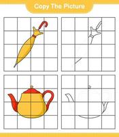 copiez l'image, copiez l'image de la théière et du parapluie en utilisant les lignes de la grille. jeu éducatif pour enfants, feuille de calcul imprimable, illustration vectorielle vecteur