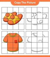 copiez l'image, copiez l'image du t-shirt et des pantoufles en utilisant les lignes de la grille. jeu éducatif pour enfants, feuille de calcul imprimable, illustration vectorielle vecteur