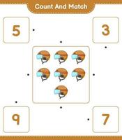 compter et faire correspondre, compter le nombre de casques de hockey et faire correspondre les bons numéros. jeu éducatif pour enfants, feuille de calcul imprimable, illustration vectorielle vecteur