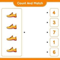 compter et faire correspondre, compter le nombre de chaussures de course et faire correspondre les bons numéros. jeu éducatif pour enfants, feuille de calcul imprimable, illustration vectorielle vecteur