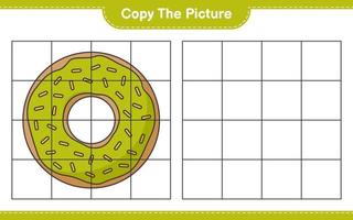 copiez l'image, copiez l'image du beignet en utilisant les lignes de la grille. jeu éducatif pour enfants, feuille de calcul imprimable, illustration vectorielle vecteur