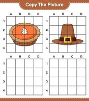 copiez l'image, copiez l'image du chapeau et de la tarte en utilisant les lignes de la grille. jeu éducatif pour enfants, feuille de calcul imprimable, illustration vectorielle vecteur