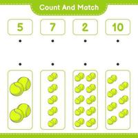 compter et faire correspondre, compter le nombre de balles de tennis et faire correspondre les bons numéros. jeu éducatif pour enfants, feuille de calcul imprimable, illustration vectorielle vecteur