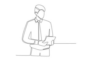 dessin continu d'une ligne homme d'affaires en uniforme formel tenant et vérifiant les enregistrements de flux de travail. concept de flux de travail. illustration graphique vectorielle de dessin à une seule ligne. vecteur