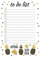 liste de choses à faire créative avec des ananas scintillants d'or dans un style scandinave. organisateur de mode élégant et calendrier, couleur noir et or. modèle de planificateur pour impression, mariage, école. illustration vectorielle. vecteur