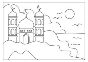 page de coloriage de la mosquée pour l'activité des enfants musulmans vecteur