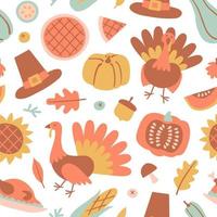 joyeux jour de thanksgiving modèle sans couture avec des objets de vacances dans un style plat. fond dessiné à la main avec citrouille, dinde, tarte de couleur pastel. illustration vectorielle pour la conception, le tissu ou le papier d'emballage. vecteur