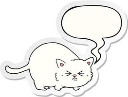 chat en colère de dessin animé et autocollant de bulle de dialogue vecteur