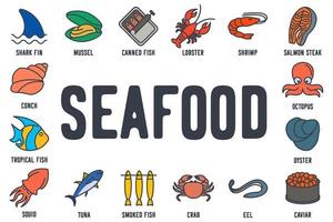 modèle de symbole d'icône de jeu de poisson et de fruits de mer pour illustration vectorielle de logo de collection de conception graphique et web vecteur