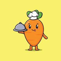 carotte de chef de dessin animé mignon servant de la nourriture sur un plateau vecteur