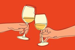dessin continu d'une seule ligne de verres avec boisson sur fond rouge. les gens tintent des verres de vin. illustration vectorielle. vecteur