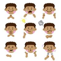 mignon afro américain noir garçon cheveux œil gamins enfant enfants école différent expression émotion émotionnel émoticône mains griffonnage personnage sentiments visages collection ensemble icône illustration vectorielle vecteur