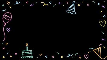 joyeux anniversaire fête confettis coloré rose bleu vert orange violet jaune griffonnage contour arc-en-ciel néon couleur noir arrière-plan frontière cadre invitation carte rectangle icône illustration vectorielle vecteur