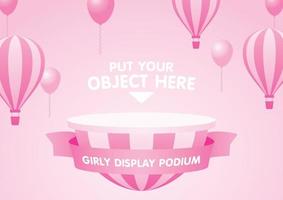 joli podium d'affichage en demi-cercle girly et vecteur d'illustration 3d de ballons à air rayés planent sur fond rose pastel doux