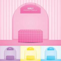 joli comptoir de carreaux girly avec arche et panneau suspendu sur un sol pastel doux et un mur rayé collection de vecteurs d'illustration 3d pour mettre votre objet vecteur