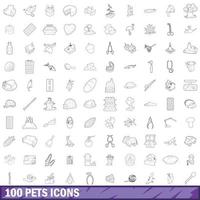 Ensemble d'icônes de 100 animaux de compagnie, style de contour vecteur