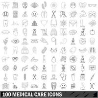 Ensemble de 100 icônes de soins médicaux, style de contour vecteur