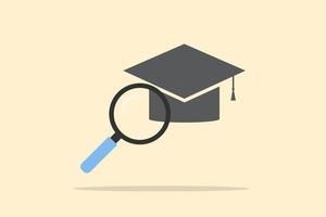 concept de recherche d'éducation. une loupe avec un capuchon d'éducation sur fond jaune. cours en ligne, e-learning, recherche d'étudiants. vecteur