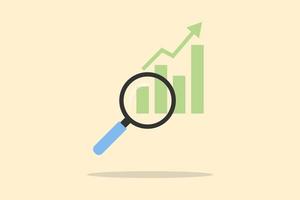 notions d'analyse de graphes. loupe et fléchette avec un graphique vert et une flèche supérieure sur fond jaune pour la recherche commerciale, l'investissement de croissance, le commerce électronique et la finance. vecteur