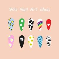 Manucure d'idées d'art d'ongle des années 90. ensemble de manucure aux couleurs vives vecteur