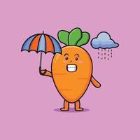 carotte de dessin animé mignon sous la pluie et à l'aide d'un parapluie vecteur