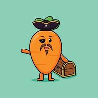 pirate de carotte de dessin animé mignon avec boîte au trésor vecteur