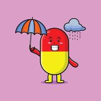 médecine capsule de dessin animé sous la pluie et utiliser un parapluie vecteur