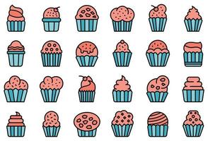 muffins, icônes, ensemble, ligne, couleur, vecteur