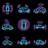 icônes de voiture sans conducteur définies vecteur néon